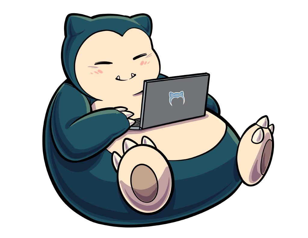 Snorlax laying on his back, typing on a laptop on his belly.