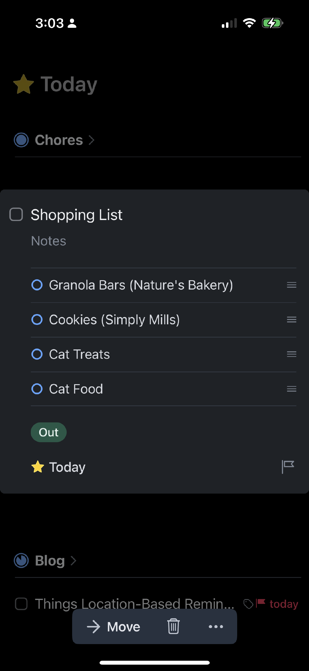 Shopping list reminder with a list of items on the Things app.