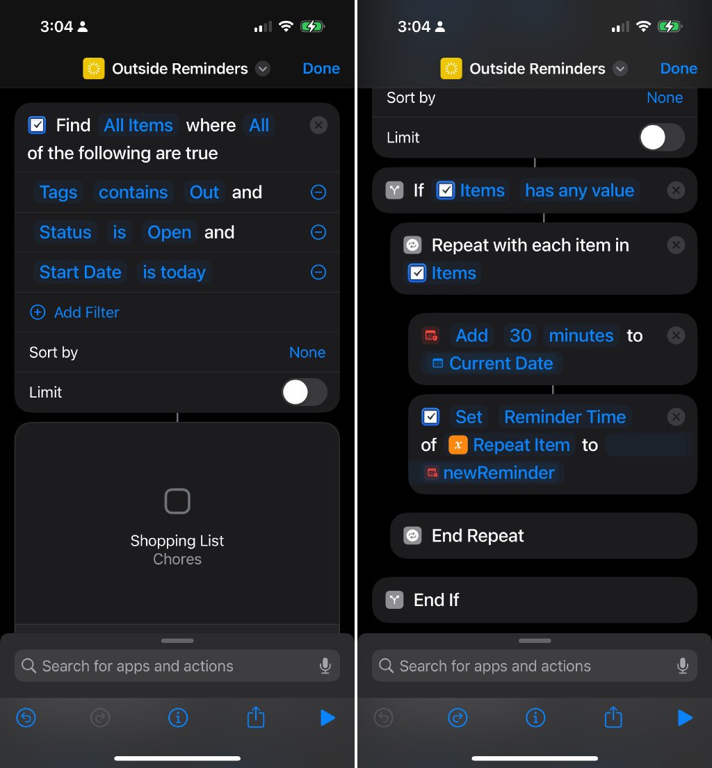 Two screenshots side-by-side of Siri Shortcuts, showing how to filter reminders and loop over the results.